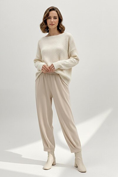 Puane Pantaloni modal pentru femei cu talie elastică în formă de morcov-18276PNT - BEIGE