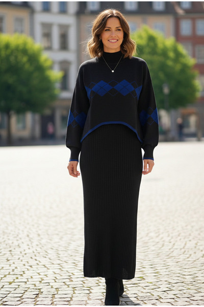 YusGos Kadın Baklava Desenli Kazaklı Triko Elbise