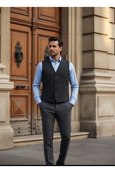 BYBEYEMS GİYİM BALIKSIRTI FÜME Gri V Yaka Erkek Kaşmir Yelek