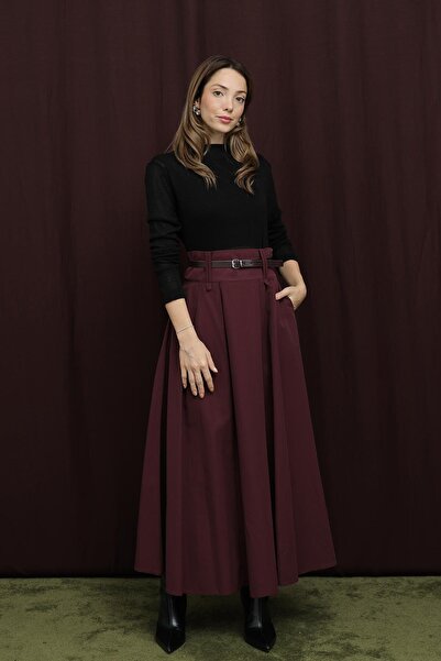 Loreen Women's Bridge Detailed Belted Skirt - 20710Etk - Burgundy