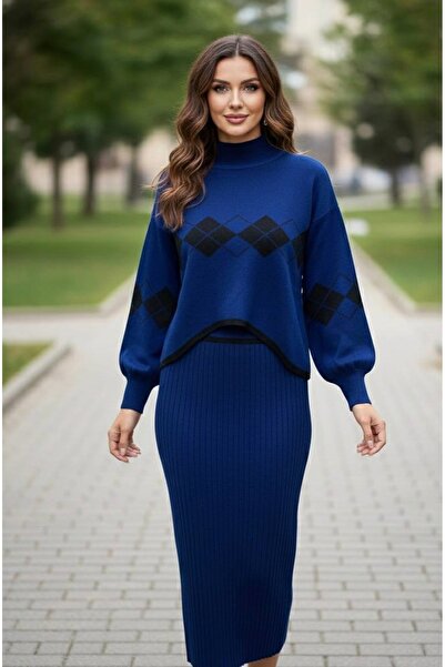 YusGos Kadın Baklava Desenli Kazaklı Triko Elbise