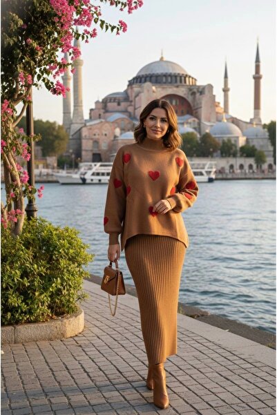 YusGos Kadın Kalp Desenli Kazaklı Elbise