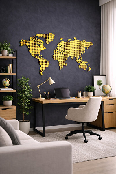 cncrafft Premium Dünya Haritası Metal Tablo – Modern Nokta Desenli Duvar Dekoru