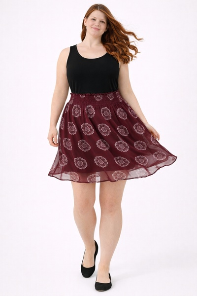 Şans Women's Large Size Burgundy, Elastic Waist, Floral Patterned Lined Chiffon Skirt 65N38943