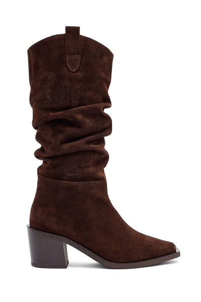 Derimod Kadın Kahverengi Kalın Topuklu Süet Deri Kovboy Çizme 25WFD153810
