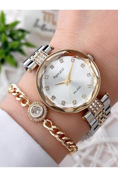 Ferrucci Kesme Kristal Camlı Çelik Kordon 2 Yıl Garantili 3 Atm Kadın Kol Saati+Bileklik B01119.04