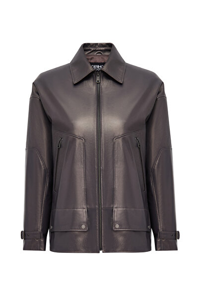 Derimod Rosalin Women Gray Shirt Collar Oversized Leather Coat 25Wge5327Mp