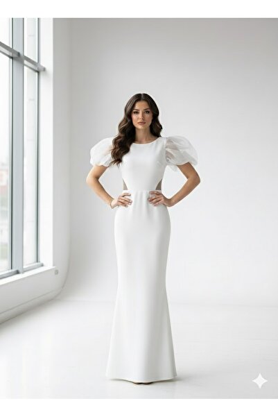 Robes Kadın Sırt Dekolteli Tül Balon Kol Kristal Taş İşleme Detaylı Abiye Elb...