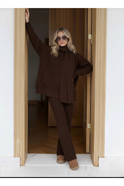 Askı Nişantaşı Kahve Atkılı Saç Örgülü Triko Pantolon Takım