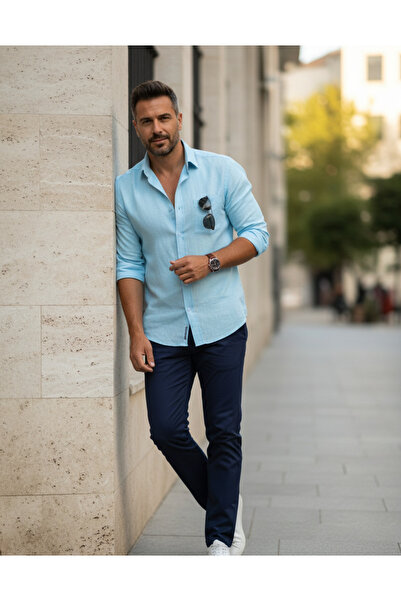 YusGos Long Sleeve Cotton Flared Linen Regular Fit Men's Shirt