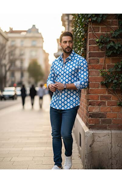 YusGos Long Sleeve Cotton Geometric Pattern Regular Fit Men's Shirt