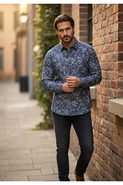 YusGos Long Sleeve Cotton Leaf Pattern Regular Fit Men's Shirt