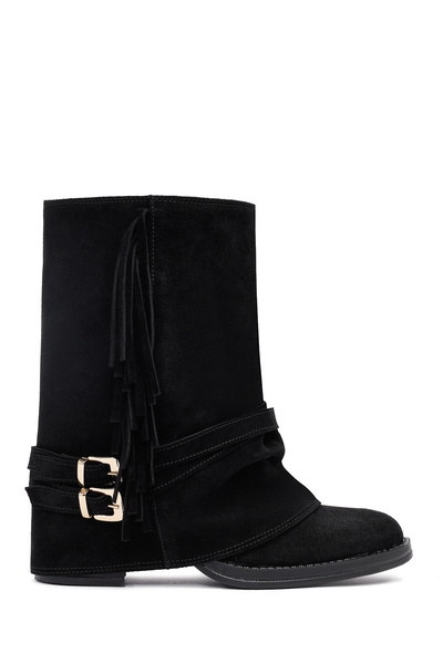 Derimod Дамски черни ботуши от дебела кожа със суед 25AFD221310