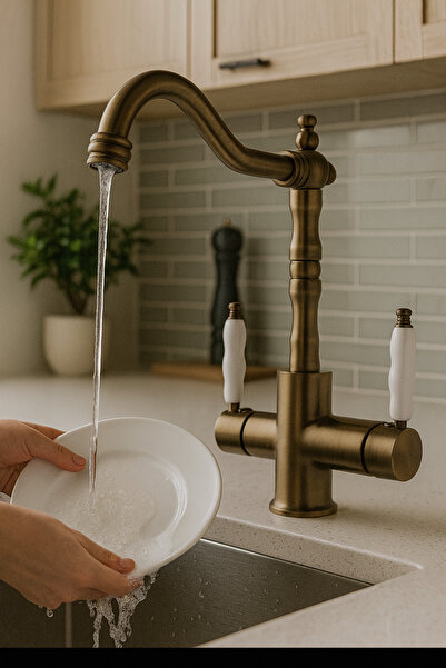 RENA DESIGN RUSTİK ANTİK ARITMALI 3 YOLLU MUTFAK EVYE BATARYASI PRİNÇ LÜKS MUSLUK GARANTİLİ PORSELEN KOL ARMATÜR