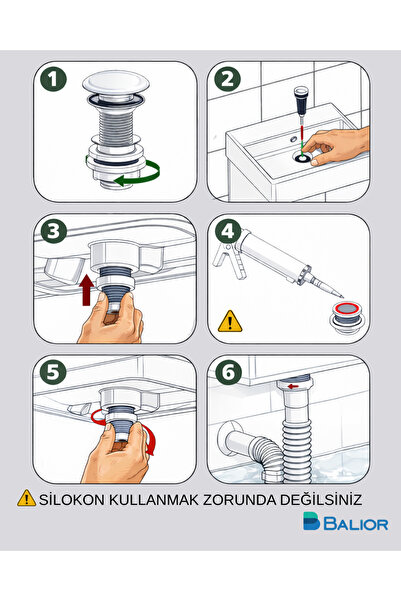 BALİOR Seramik Lavabo Sifonu Koku Engelleyici Aç-Kapa Parlak Beyaz