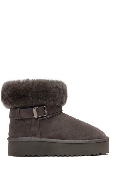 Derimod Women's Gray Thick Soled Fur Detailed Suede Leather Teddy Boots 25Wfd492410