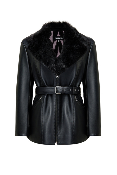Derimod Scarlet Kadın Siyah Kürk Yaka Deri Mont 25WGD5621U5