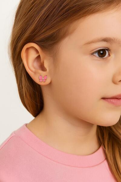 New Obsessions أقراط فولاذية للأطفال على شكل فراشة وردية اللون