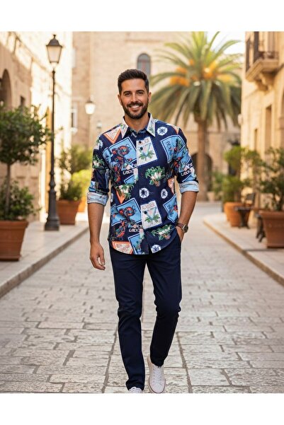 YusGos Long Sleeve Cotton Easy Iron Patterned Regular Fit Men's Shirt