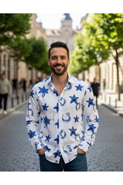 YusGos Long Sleeve Cotton Easy Iron Soft Modal Fabric Patterned Regular Fit Premium Men's Shirt White