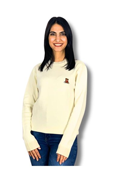 YusGos Women's Teddy Bear Embroidered Cream Knitwear Sweater Cream XS