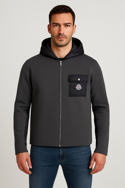 YusGos Men's Knitted Back and Sleeve Raincoat with Sleeve Patch Hooded High Quality Coat Anthracite XL