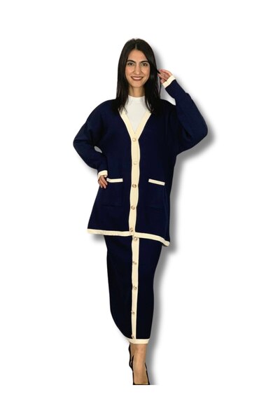 YusGos طقم تنورة كارديجان قصة فضفاضة بأزرار ذهبية تفاصيل مخططة للسيدات