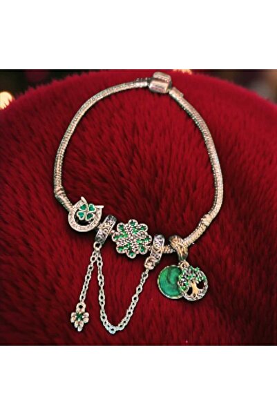 KUŞ TÜYÜ STORE Yeşil Dört Yapraklı Yonca & Hayat Ağacı Charmlı 925 Ayar Gümüş...