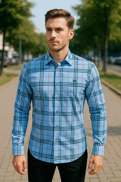 YusGos Long Sleeve Plaid Checkered Cotton Regular Fit Men's Shirt