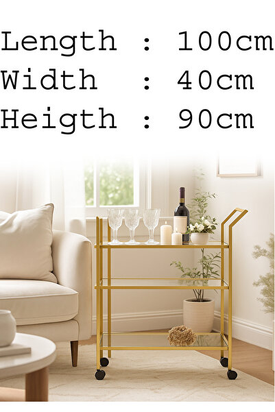 YINZUO عربة مشروبات بثلاثة أرفف زجاجية، إطار معدني ملحوم، لا تحتاج إلى تجميع، عجلات قابلة للقفل