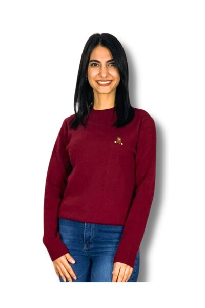 YusGos سترة تريكو كريمية مطرزة على شكل دمية دب للسيدات