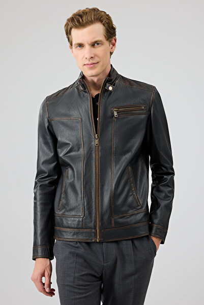 Derimod Felibe Men's Black Judge Collar Vintage Leather Jacket 25Wge6432Vd