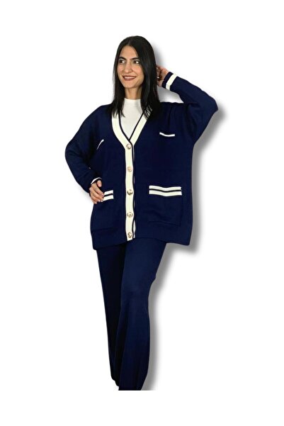 YusGos Women's Striped Detail Gold Buttoned Oversized Cardigan Pants Set