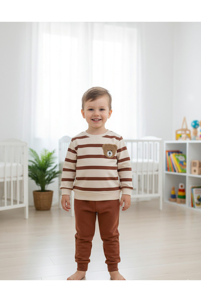 YusGos طقم بيبي بير كيدز ستريوبيد للأولاد بتصميم الدب المخطط