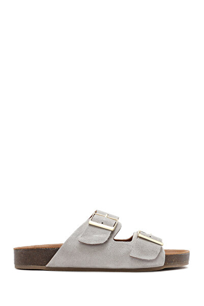 Derimod Kadın Gri Çift Tokalı Süet Deri Terlik 25SFD150210