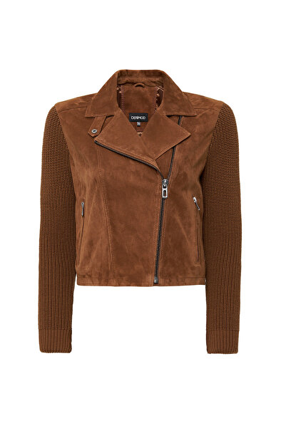 Derimod Marcy Kadın Kahverengi Kruvaze Yaka Süet Deri Ceket 24WGD526610