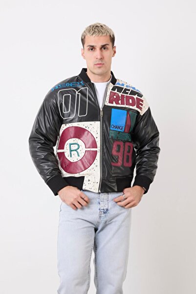 Rocqerx R-2477 معطف جلدي مبطن ومطرز من الداخل