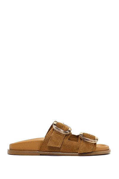 Derimod Kadın Taba Çift Tokalı Süet Deri Terlik 25SFD200710