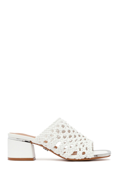 Derimod Kadın Beyaz Örgülü Kısa Kalın Topuklu Terlik 25SFE460918