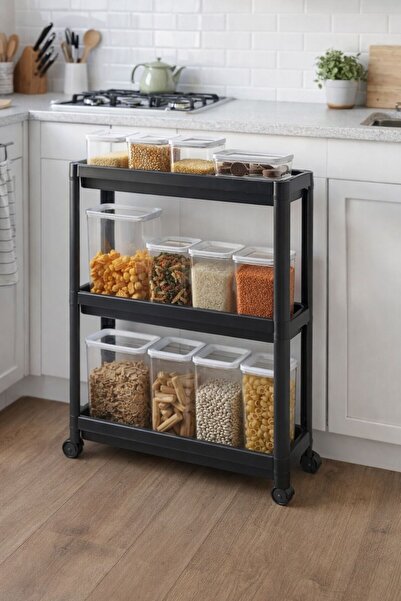 Bayev وحدة رف مستطيلة ذات 3 طبقات باللون الأسود - منظم للحمام والمطبخ