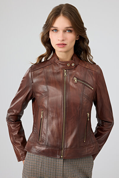 Derimod Kylie Kadın Kahverengi Hakim Yaka Deri Ceket 24WGE5352NC