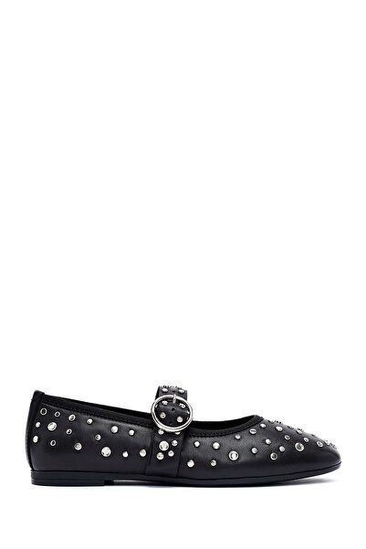 Derimod Women's Black Buckle Stone Genuine Leather Ballerinas, Summer Shoes 2...