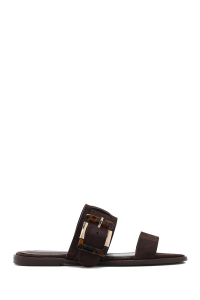 Derimod Kadın Kahverengi Tokalı Süet Deri Terlik 25SFD160710