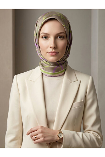 Silk Home Kadın Bej Fuşya Yeşil Çizgili Çiçekli Desen Twill İpek Eşarp 11429-28