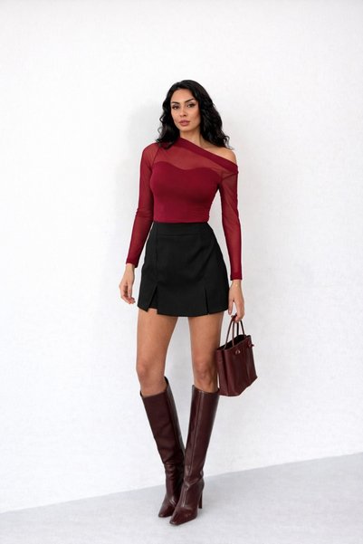 hat craft Kadın tül detaylı kayık yaka bluz bordo renk