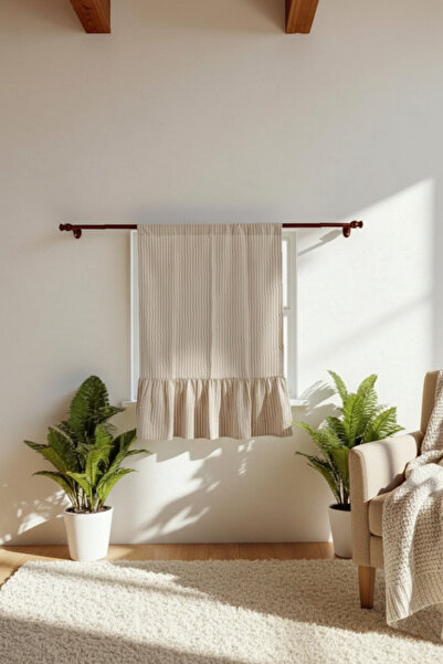 MZN Home Etekucu Fırfırlı RUSTİK BORU Sütlü Kahve Şeritli Vintage Keten Perde - Bağcık Hediyeli - (EN X BOY)