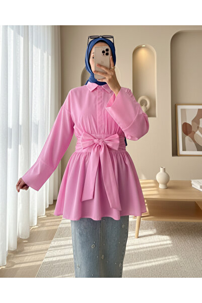 Modamorfo Yarım Düğmeli Beli Bağlamalı Yanı Fermuarlı Tunik -Pembe