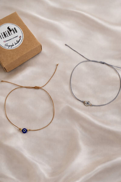 Femenino İpli Ayarlanabilir Gold & Gümüş Nazar Boncuklu Bileklik Seti