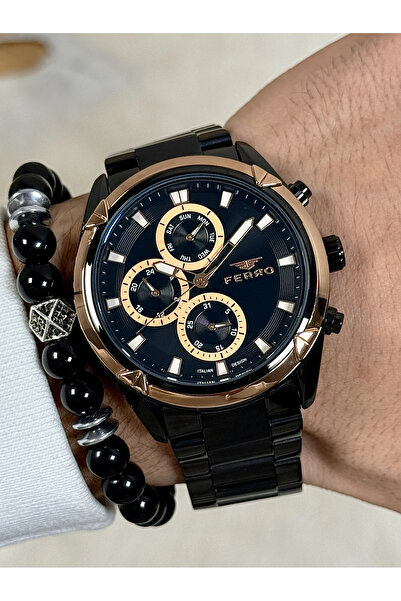 FERRO Siyah Çelik Kordon Erkek Kol Saati FM11388A-R2 Fonksiyonları Aktif 3ATM Su Geçirmez