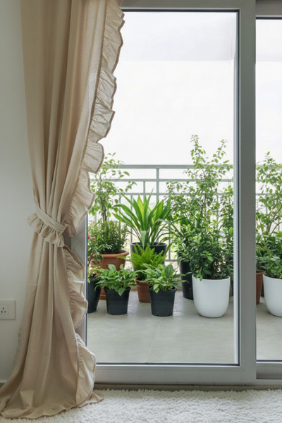 MZN Home 2 Kenar Fırfırlı Vintage Bej Keten Perde - Korniş/Halkalı, %100 Doğal, Tek Kanat, Bağcık Hediyeli